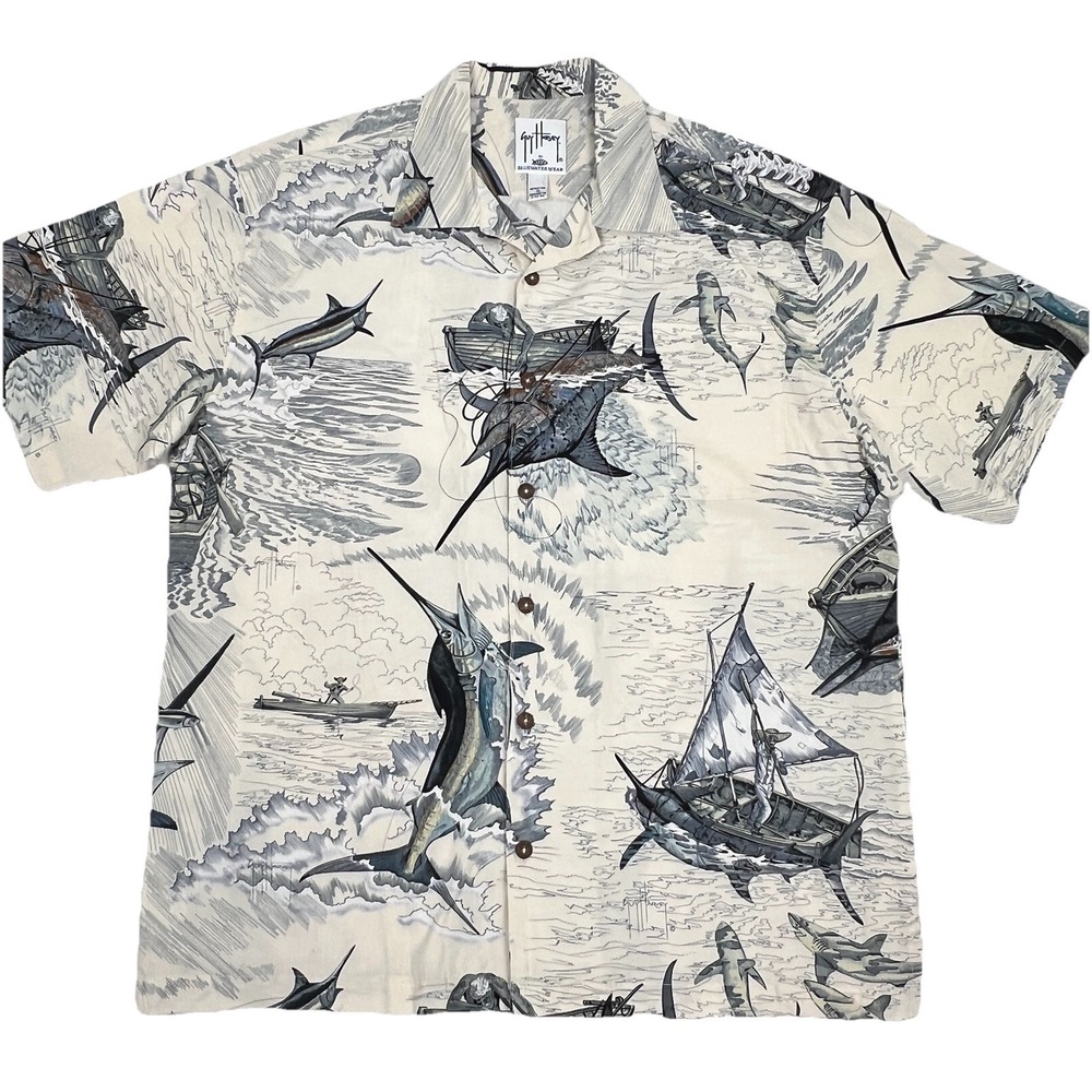 Guy Harvey Santiago's Big Blue Shirt XL Beige Fishing Marlin Swordfish
